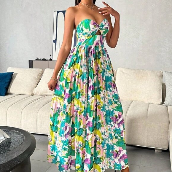 Multicolor Boho Womens Floral Printed Hollow Out Pleated Strapless Dress - Picture 2 of 5